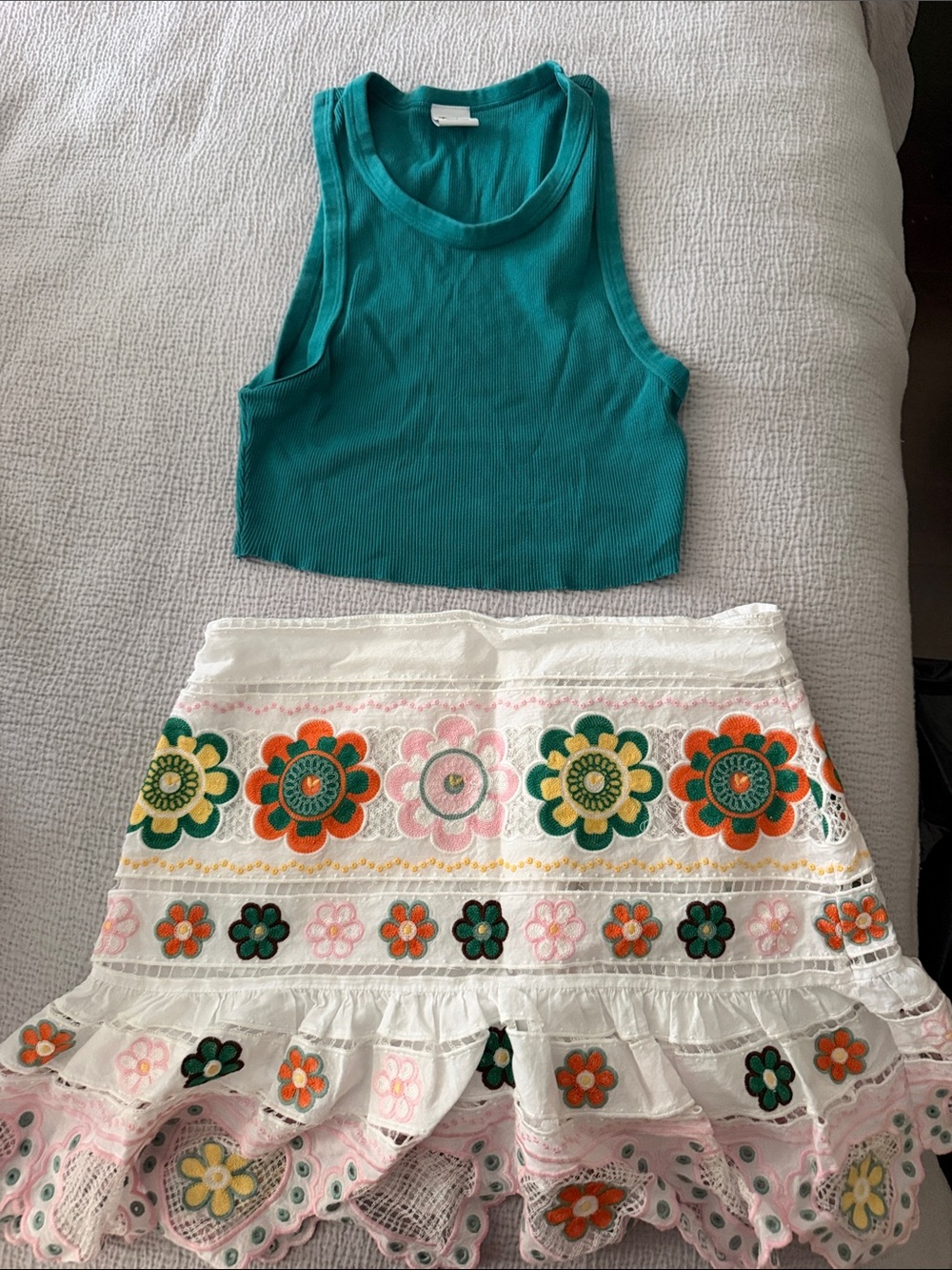 Zara White Eyelet Skirt with Multicolor Floral Embroidery